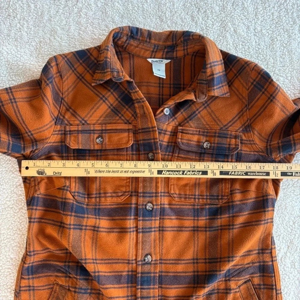 Duluth Trading Co Womens Folklore Flannel Duster‎ XS Blue Orange Plaid Insulated